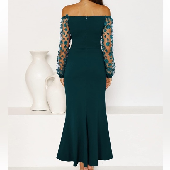 Women Elegant Off Shoulder Dress Sheer Long  Wrap Split Bodycon Maxi NWT sz MED - Picture 2 of 10